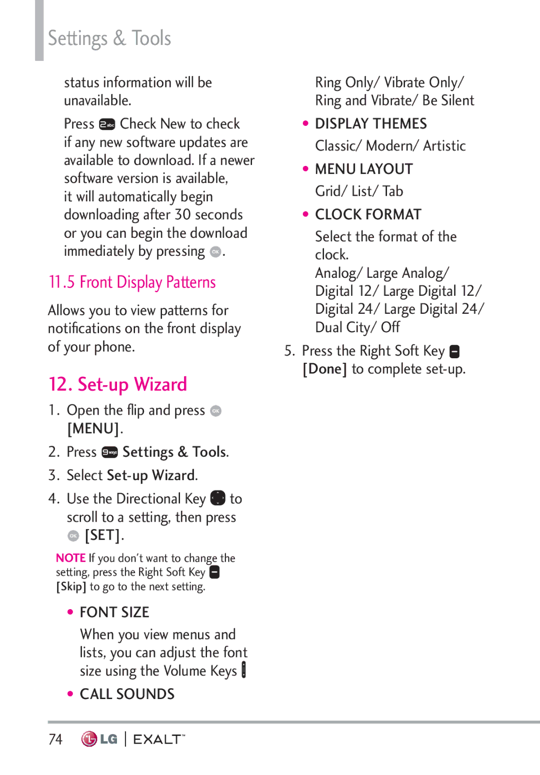 LG Electronics MFL67874301 manual Set-up Wizard, Front Display Patterns, Status information will be unavailable 