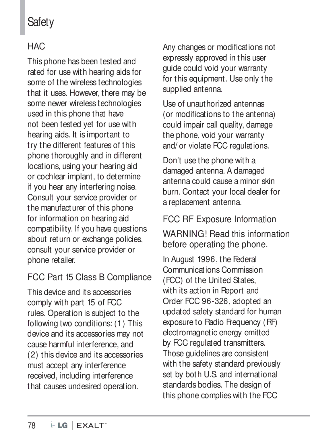 LG Electronics MFL67874301 manual FCC RF Exposure Information, FCC Part 15 Class B Compliance 