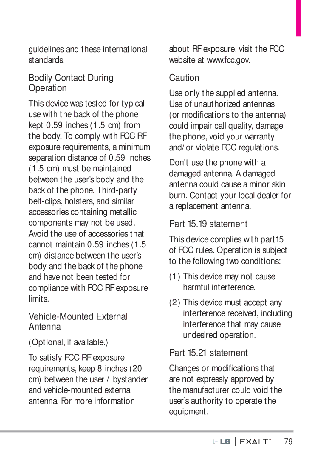 LG Electronics MFL67874301 manual Bodily Contact During Operation, Vehicle-Mounted External Antenna, Part 15.19 statement 