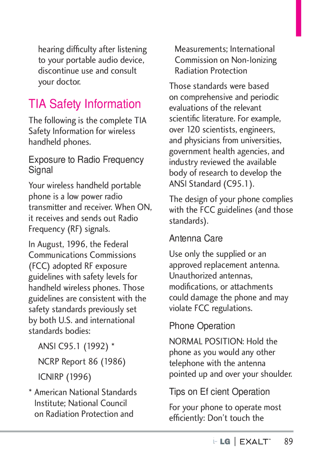 LG Electronics MFL67874301 manual TIA Safety Information, Exposure to Radio Frequency Signal, Antenna Care, Phone Operation 