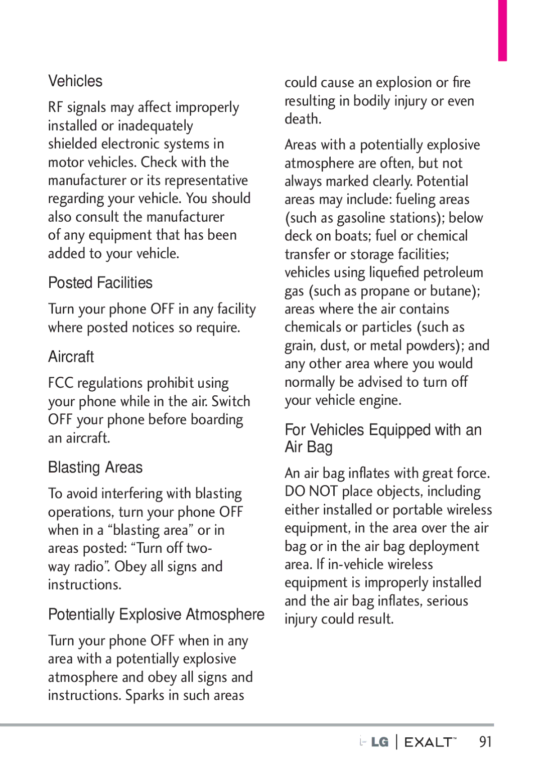 LG Electronics MFL67874301 manual Posted Facilities, Aircraft, Blasting Areas, For Vehicles Equipped with an Air Bag 