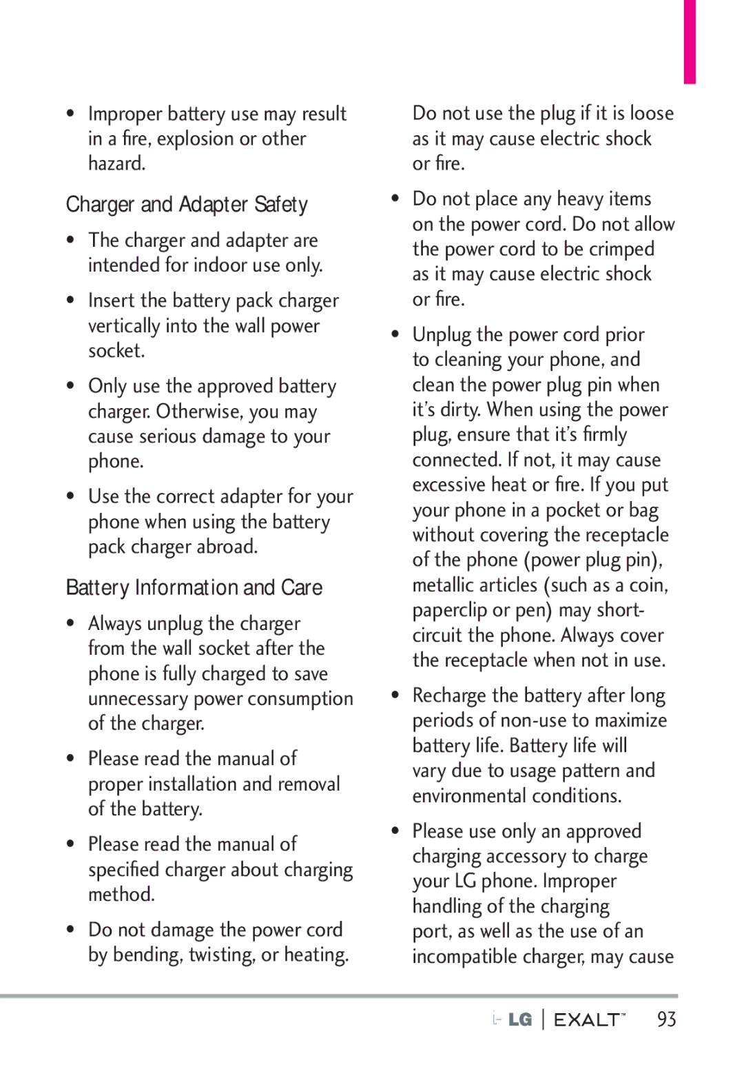 LG Electronics MFL67874301 manual Charger and Adapter Safety, Battery Information and Care 