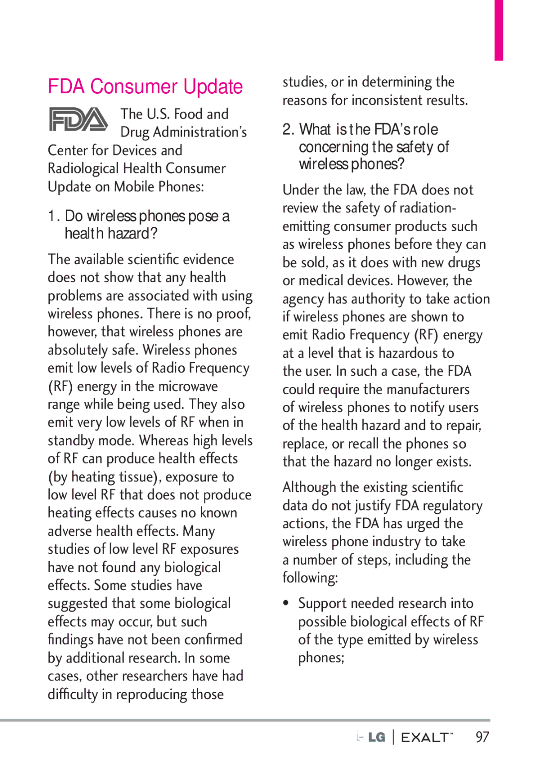 LG Electronics MFL67874301 manual FDA Consumer Update, Do wireless phones pose a health hazard? 