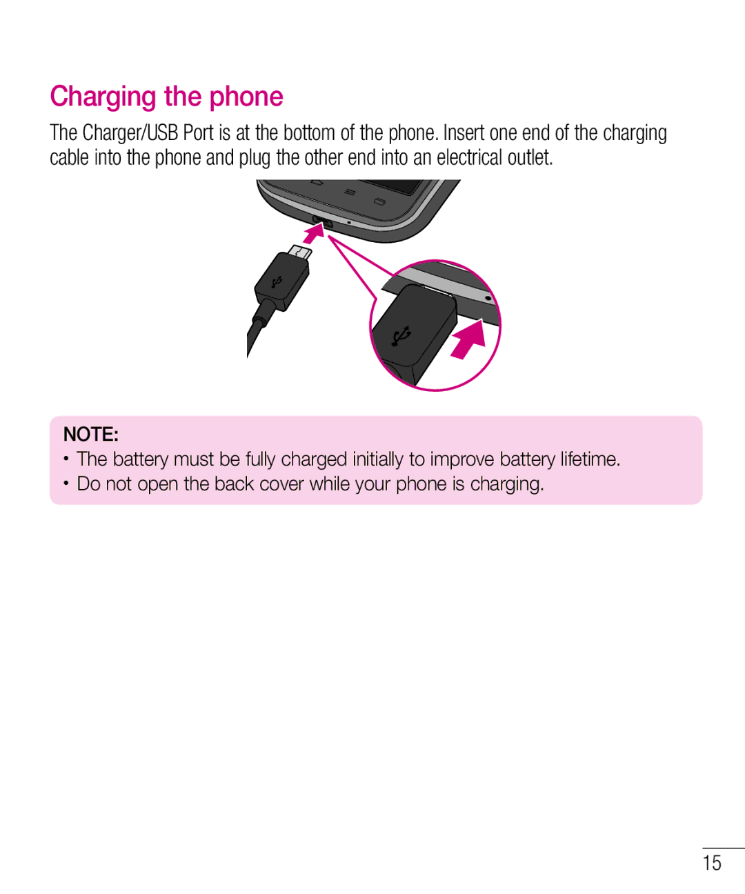 LG Electronics MFL67940201 manual Charging the phone 