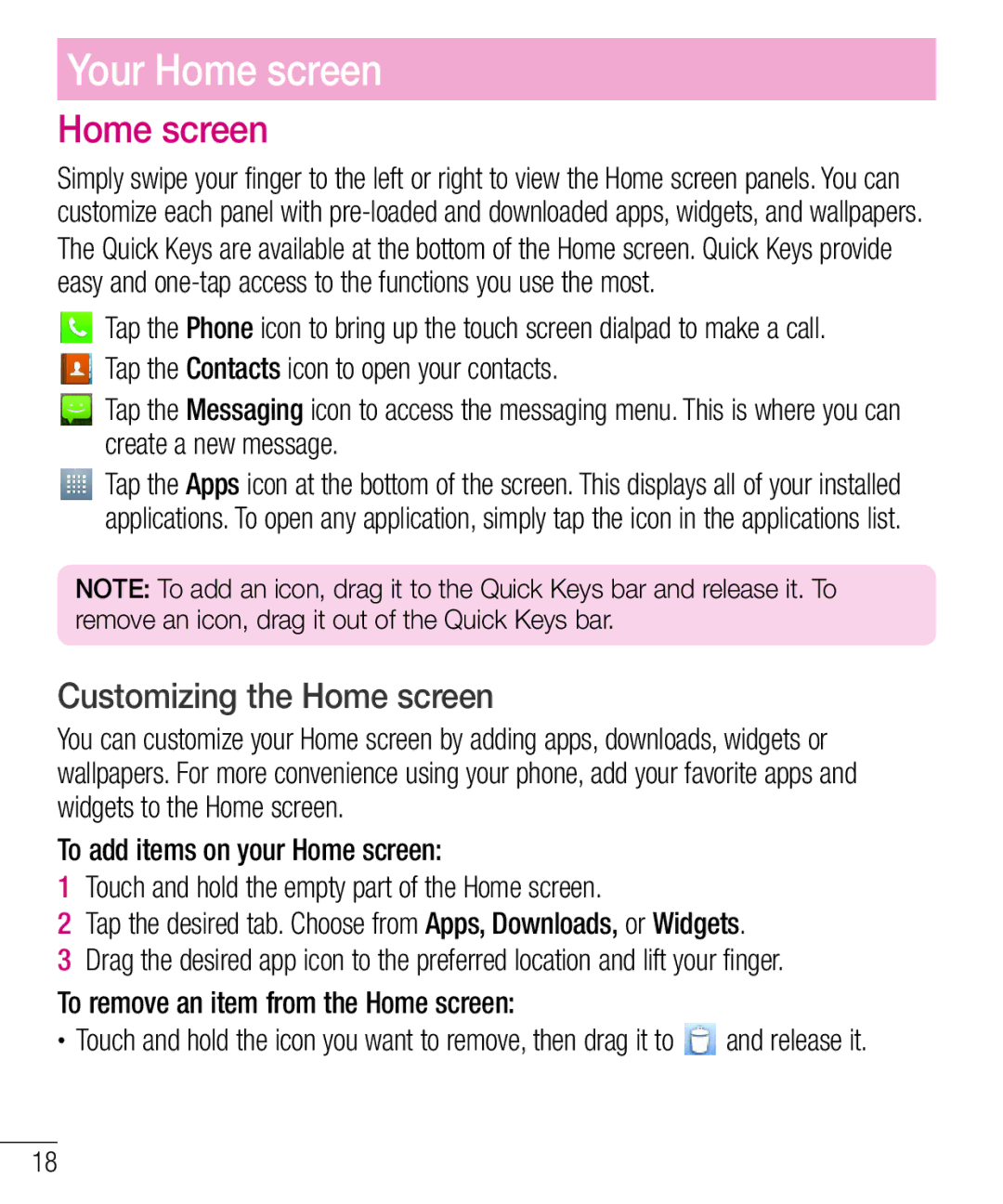 LG Electronics MFL67940201 manual Customizing the Home screen, To remove an item from the Home screen 