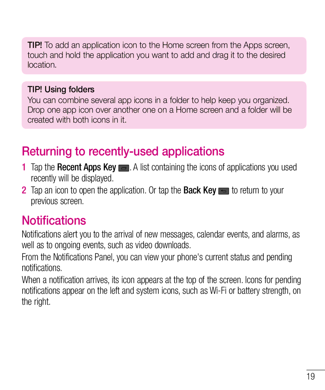 LG Electronics MFL67940201 manual Returning to recently-used applications, Notifications 