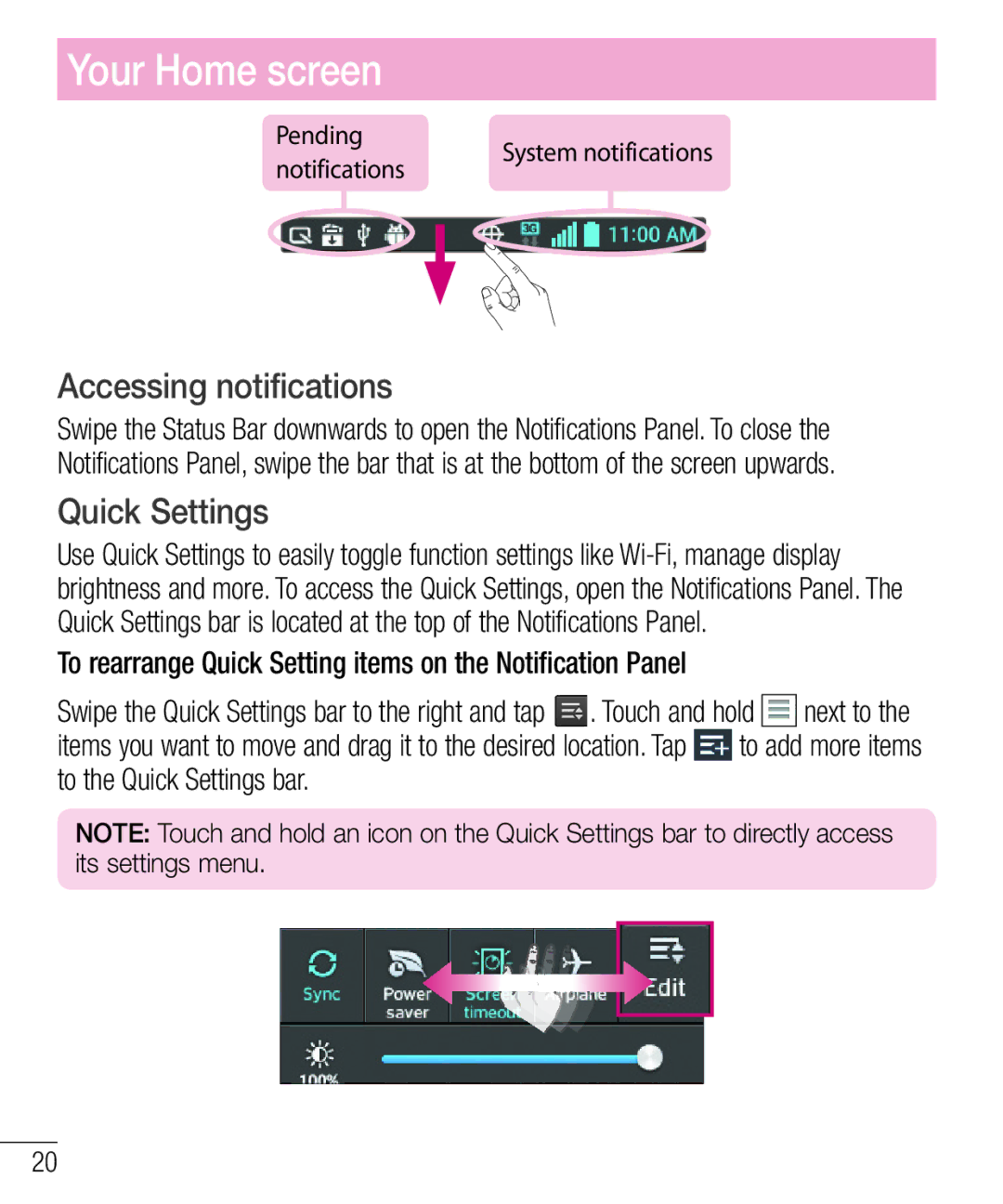 LG Electronics MFL67940201 manual Accessing notifications, Quick Settings 