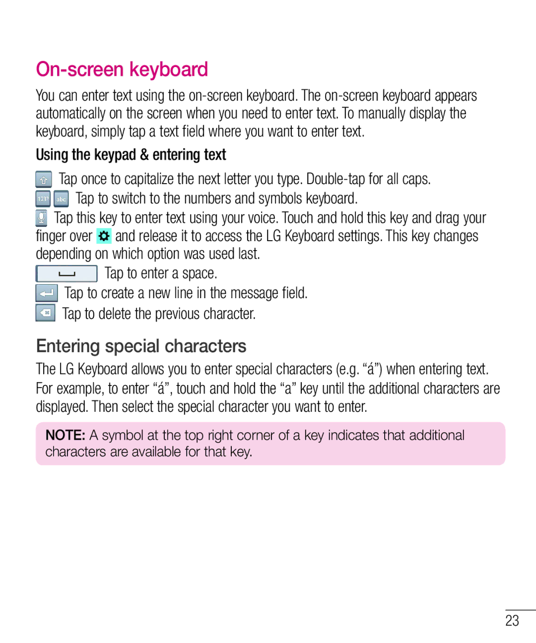 LG Electronics MFL67940201 manual On-screen keyboard, Entering special characters, Using the keypad & entering text 