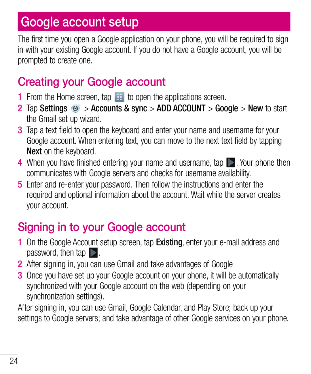 LG Electronics MFL67940201 manual Google account setup, Creating your Google account, Signing in to your Google account 