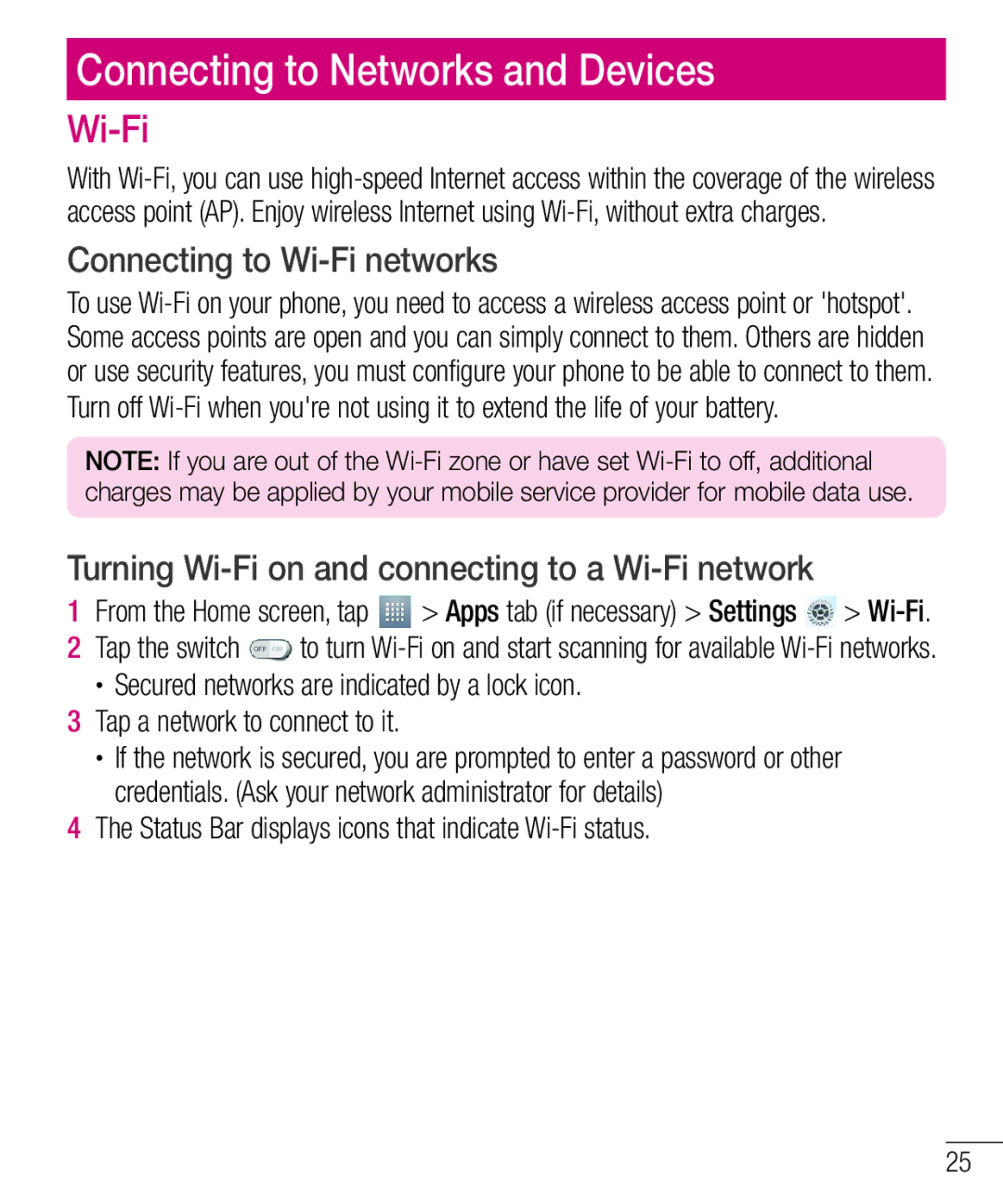 LG Electronics MFL67940201 manual Connecting to Networks and Devices, Connecting to Wi-Fi networks 