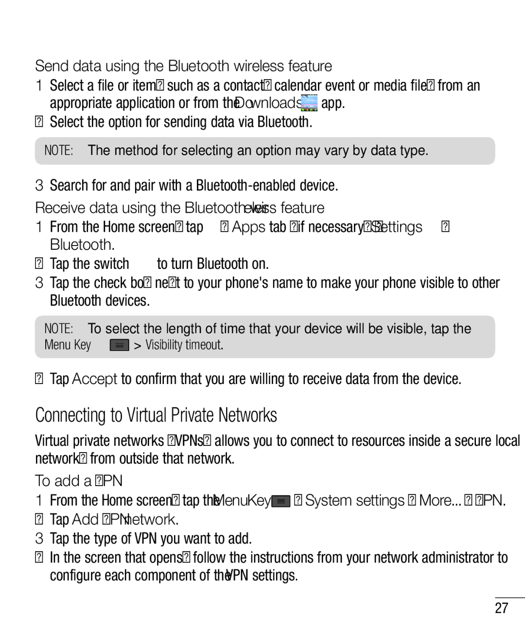 LG Electronics MFL67940201 manual Connecting to Virtual Private Networks, Send data using the Bluetooth wireless feature 