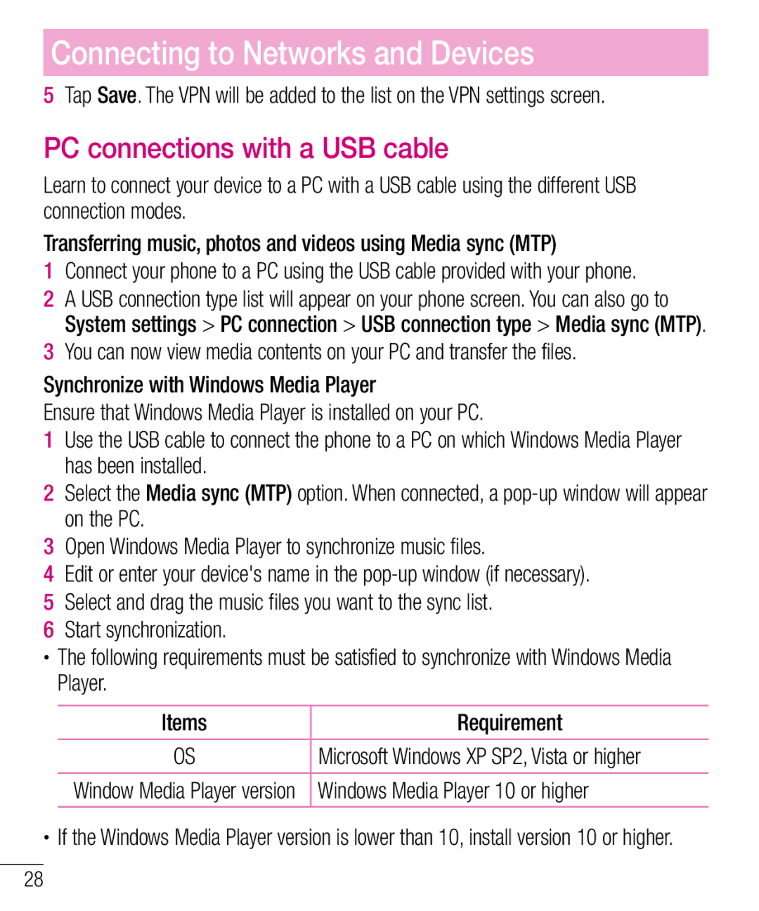 LG Electronics MFL67940201 manual PC connections with a USB cable, Windows Media Player 10 or higher 