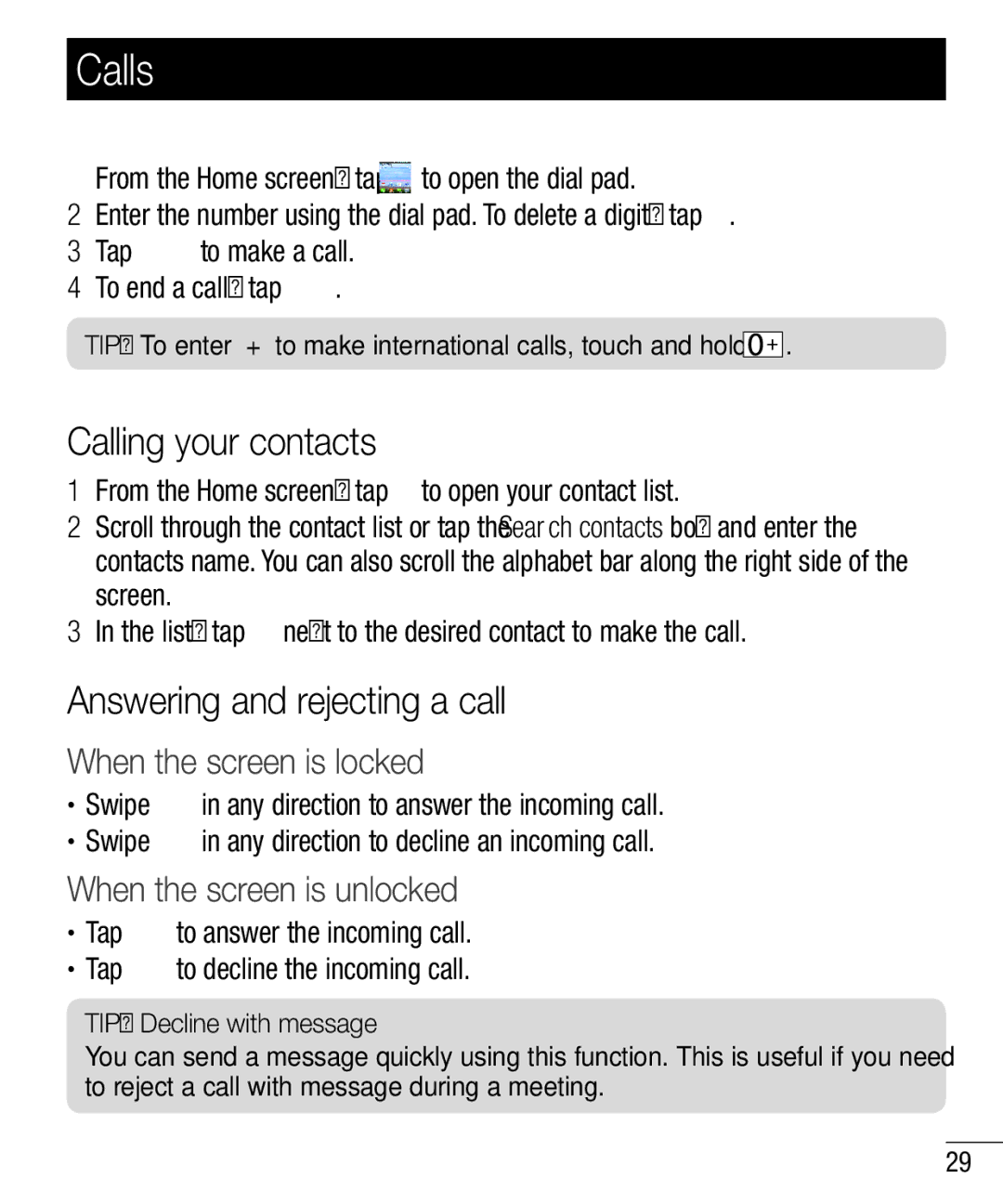 LG Electronics MFL67940201 manual Calls, Making a call, Calling your contacts, Answering and rejecting a call 