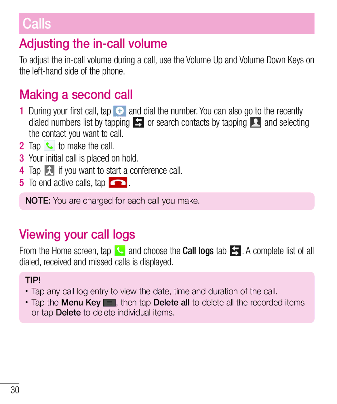 LG Electronics MFL67940201 manual Adjusting the in-call volume, Making a second call, Viewing your call logs 