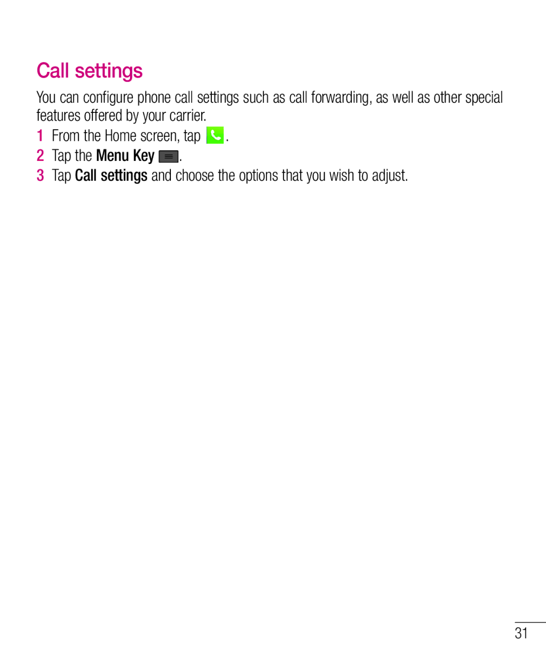 LG Electronics MFL67940201 manual Call settings 