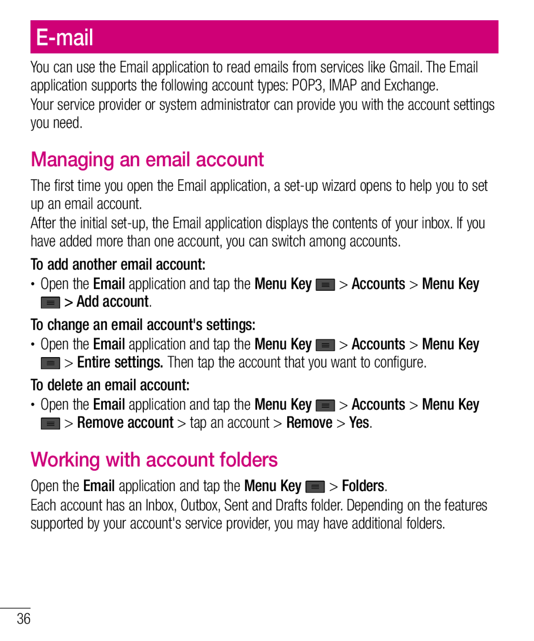 LG Electronics MFL67940201 manual Mail, Managing an email account, Working with account folders 