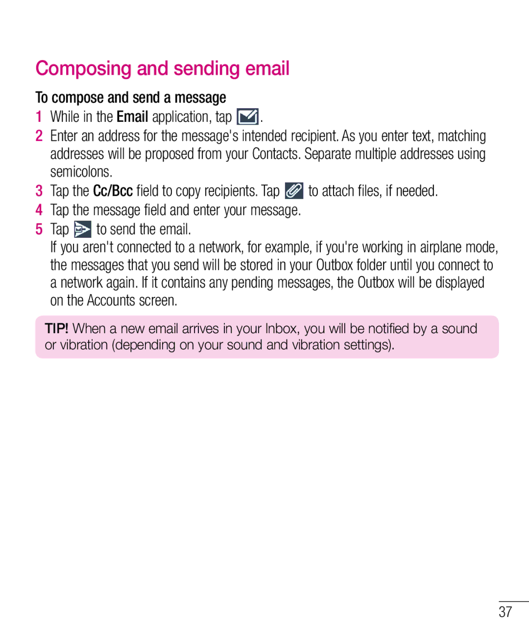 LG Electronics MFL67940201 manual Composing and sending email 