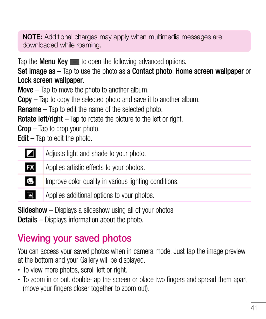 LG Electronics MFL67940201 manual Viewing your saved photos,  To view more photos, scroll left or right 