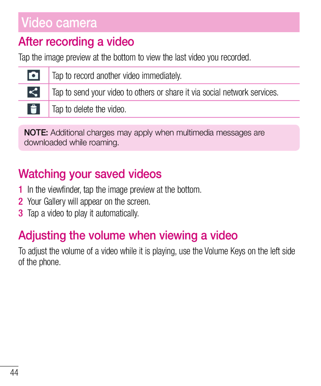 LG Electronics MFL67940201 After recording a video, Watching your saved videos, Adjusting the volume when viewing a video 