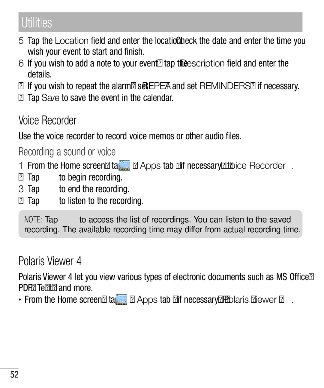 LG Electronics MFL67940201 manual Voice Recorder, Polaris Viewer, Recording a sound or voice 