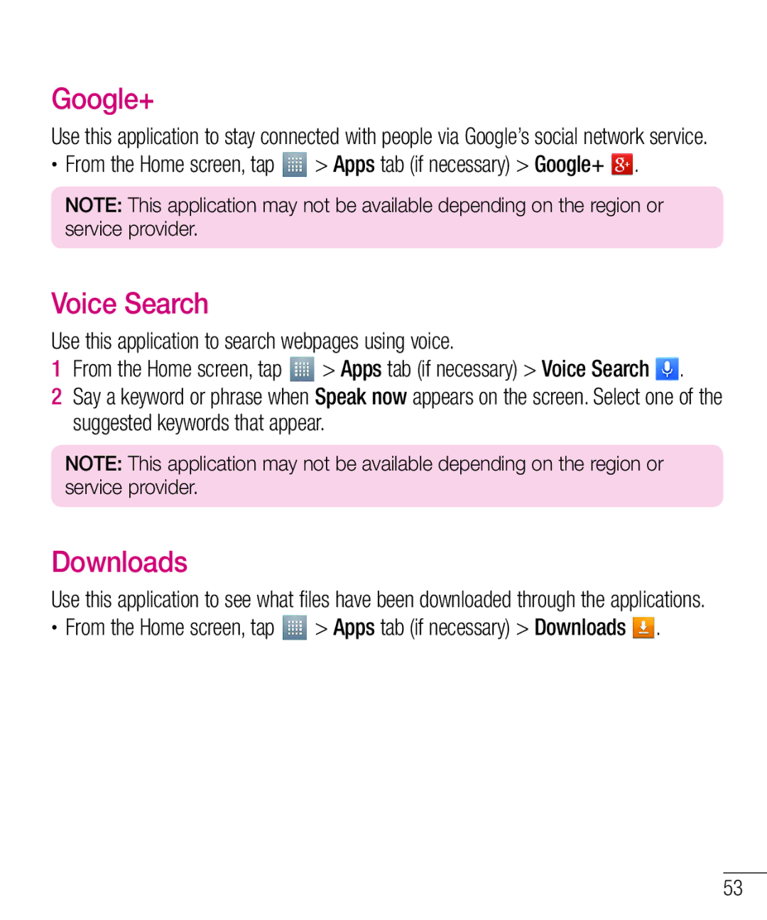 LG Electronics MFL67940201 manual Google+, Voice Search, Downloads, Use this application to search webpages using voice 