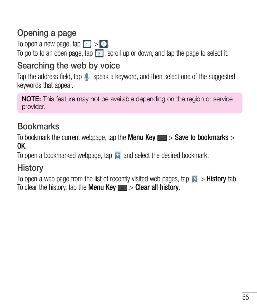 LG Electronics MFL67940201 manual Opening a, Searching the web by voice, Bookmarks, History 