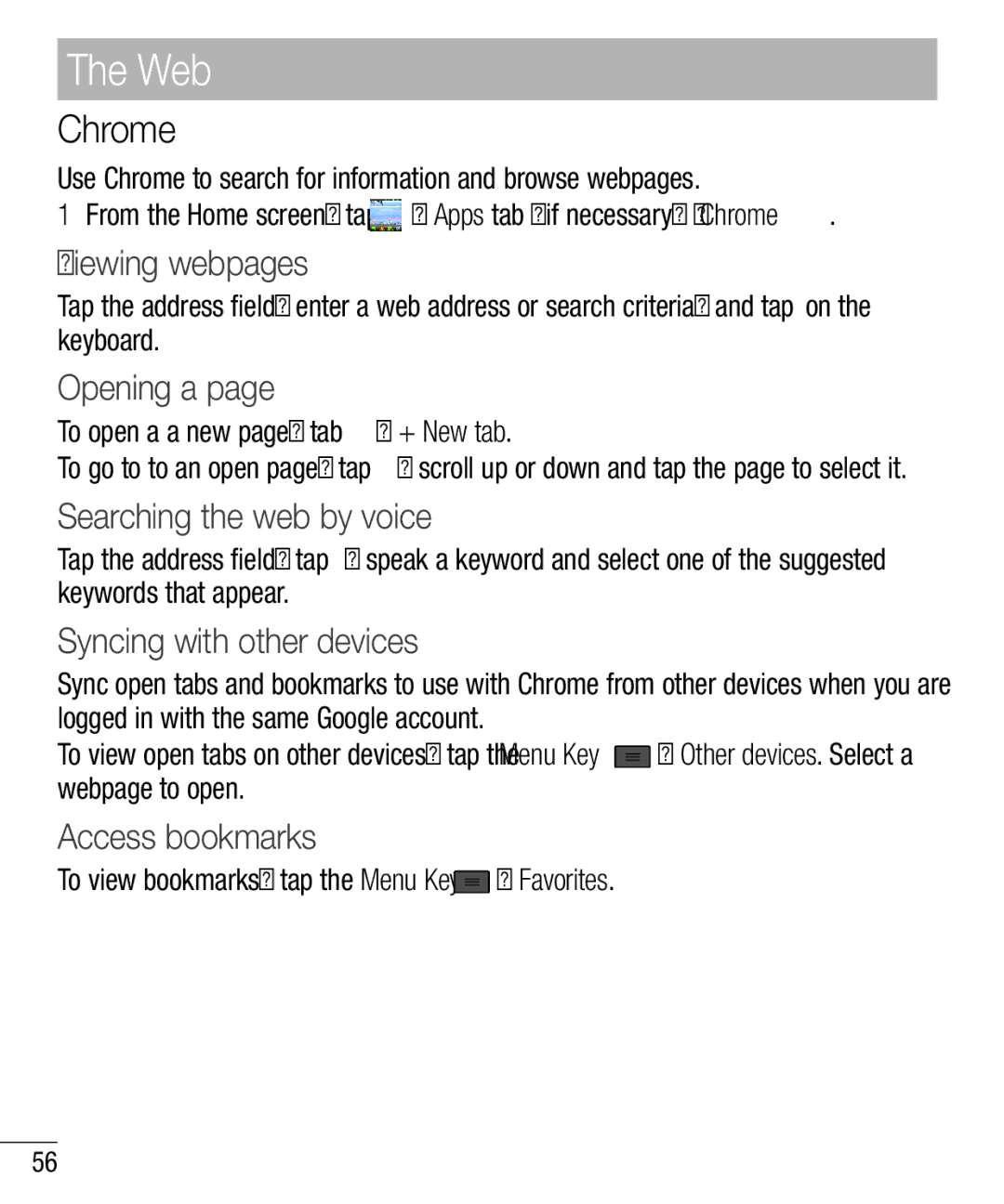 LG Electronics MFL67940201 manual Chrome, Syncing with other devices, Access bookmarks 