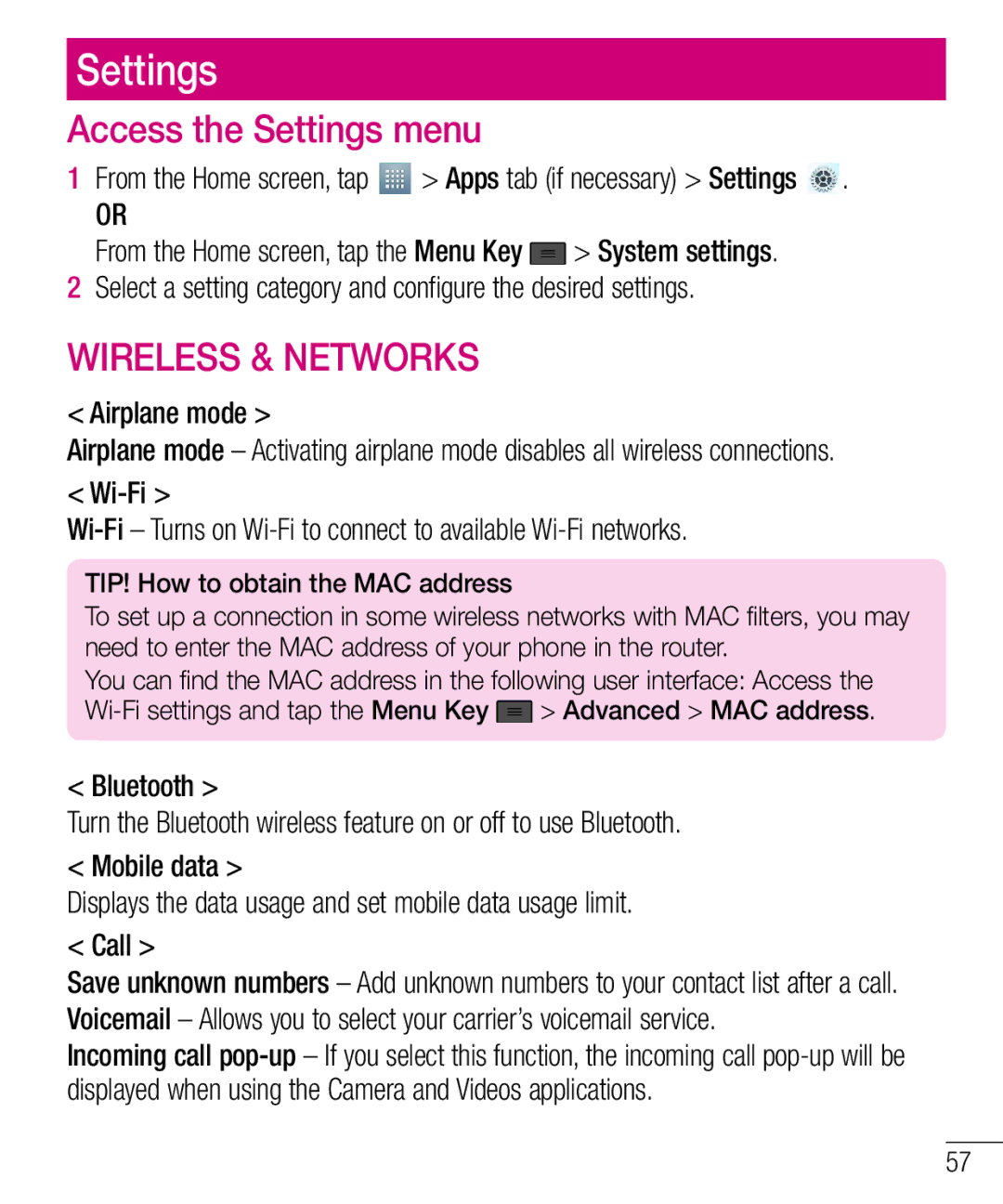 LG Electronics MFL67940201 manual Access the Settings menu 