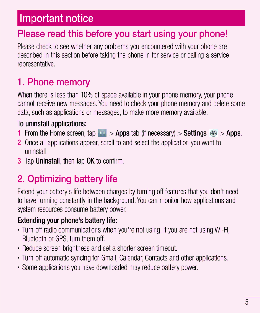 LG Electronics MFL67940201 manual Important notice, Please read this before you start using your phone, Phone memory 