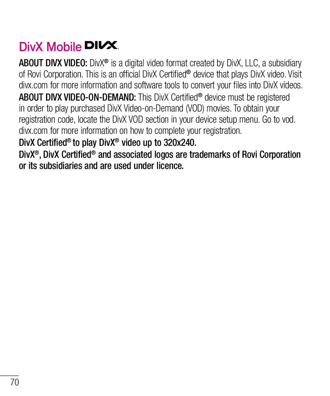 LG Electronics MFL67940201 manual DivX Mobile, DivX Certified to play DivX video up to 