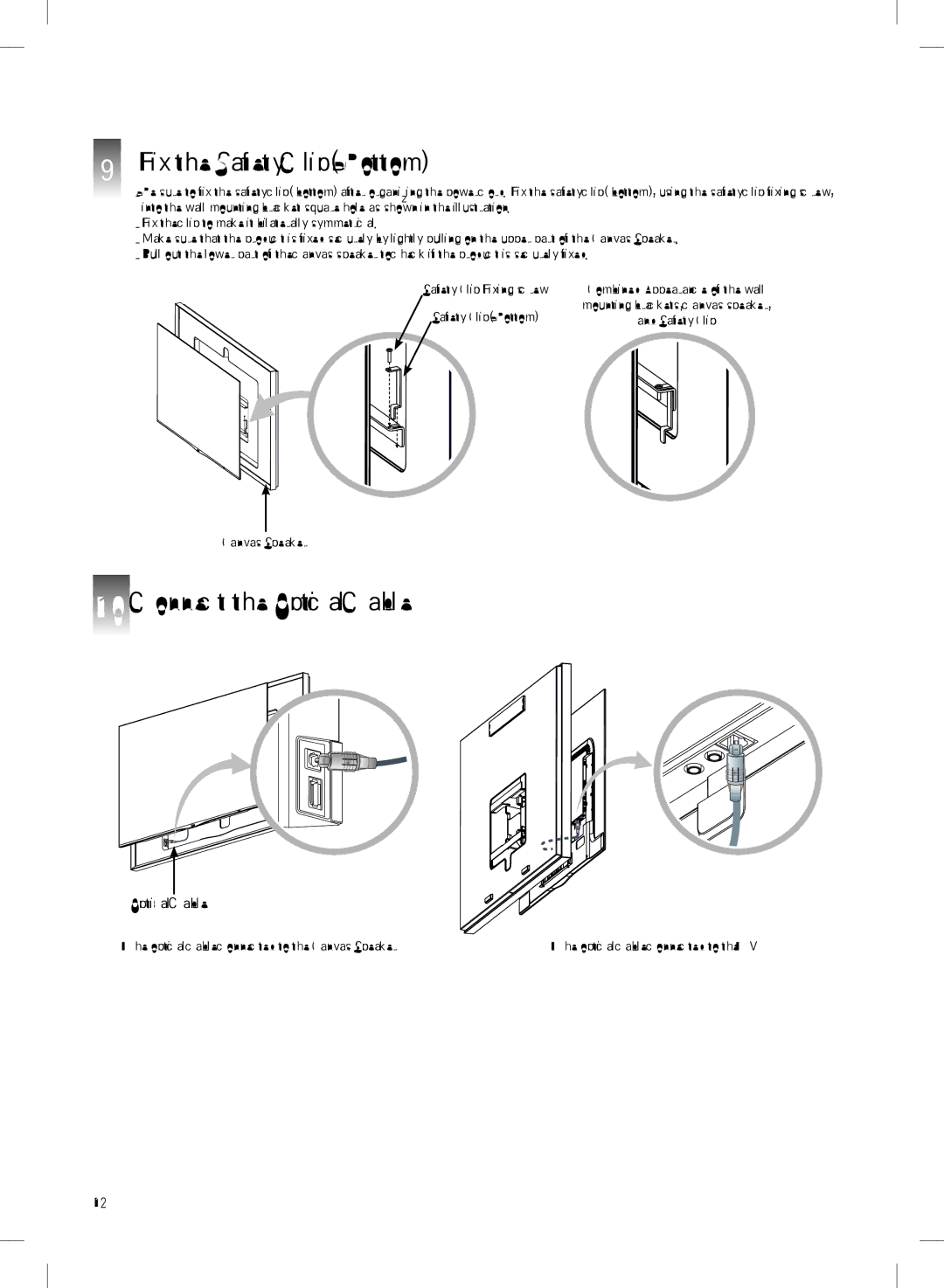 LG Electronics MFL68001401 owner manual Fix the Safety Clip Bottom, Connect the Optical Cable 