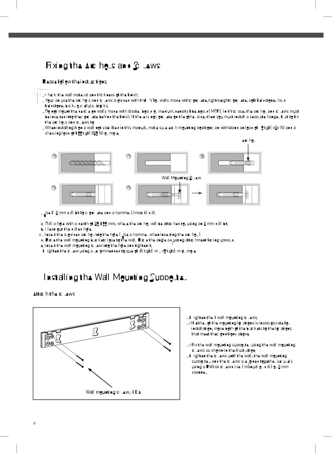 LG Electronics MFL68001401 owner manual Fixing the Anchors and Screws, Installing the Wall Mounting Supporter 