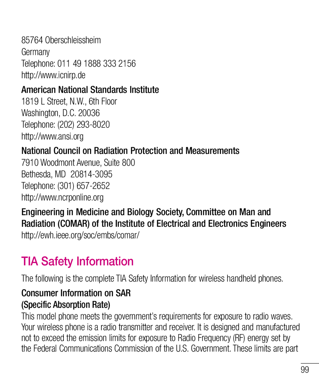 LG Electronics MFL68301001 (1.0) manual TIA Safety Information, Consumer Information on SAR Specific Absorption Rate 