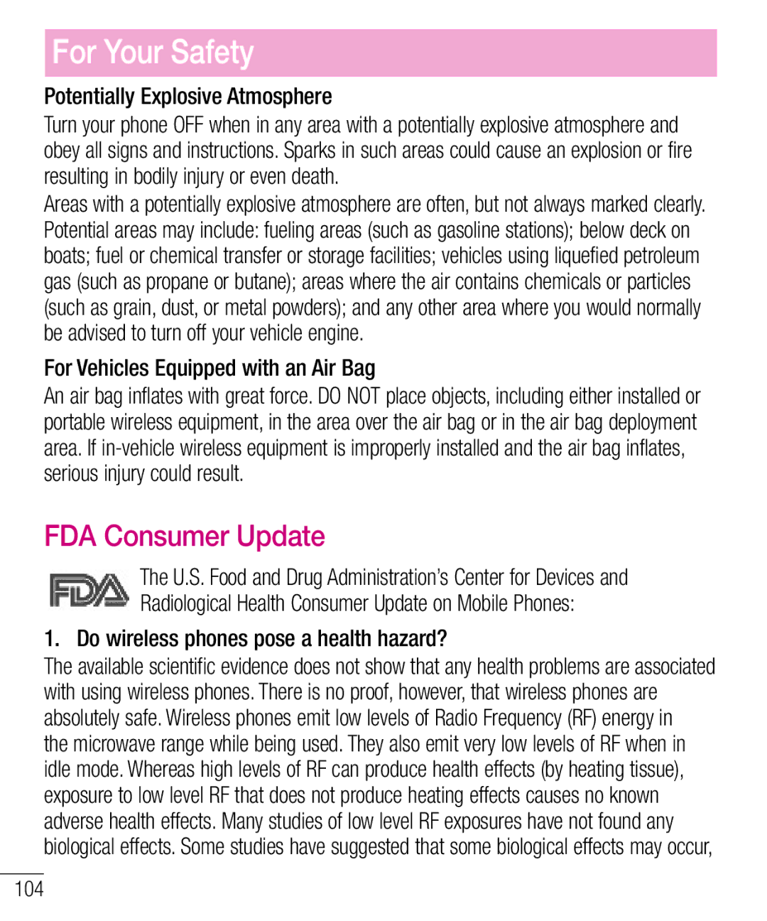 LG Electronics MFL68301001 (1.0) manual FDA Consumer Update, Potentially Explosive Atmosphere 