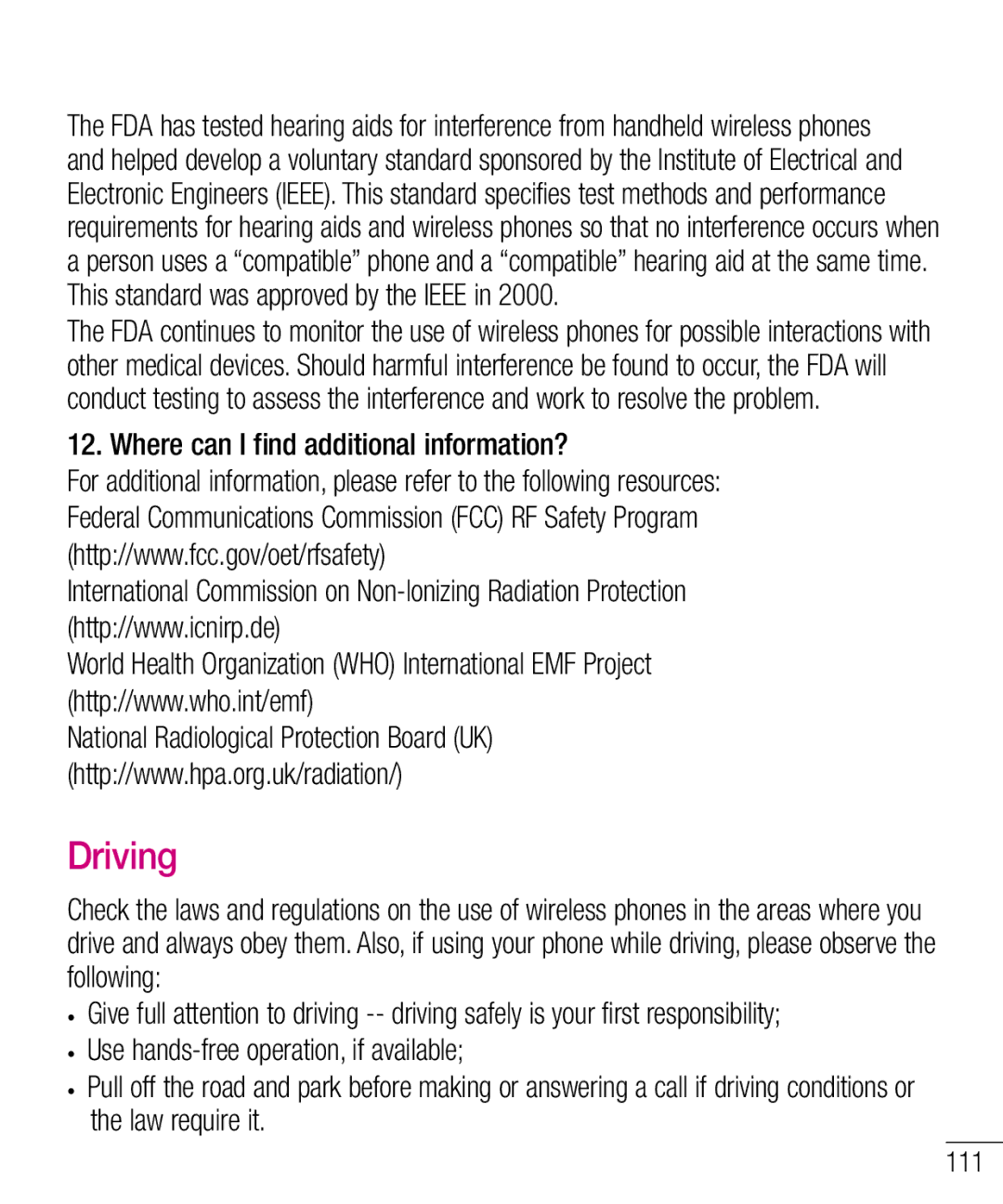 LG Electronics MFL68301001 (1.0) manual Driving, Where can I find additional information? 