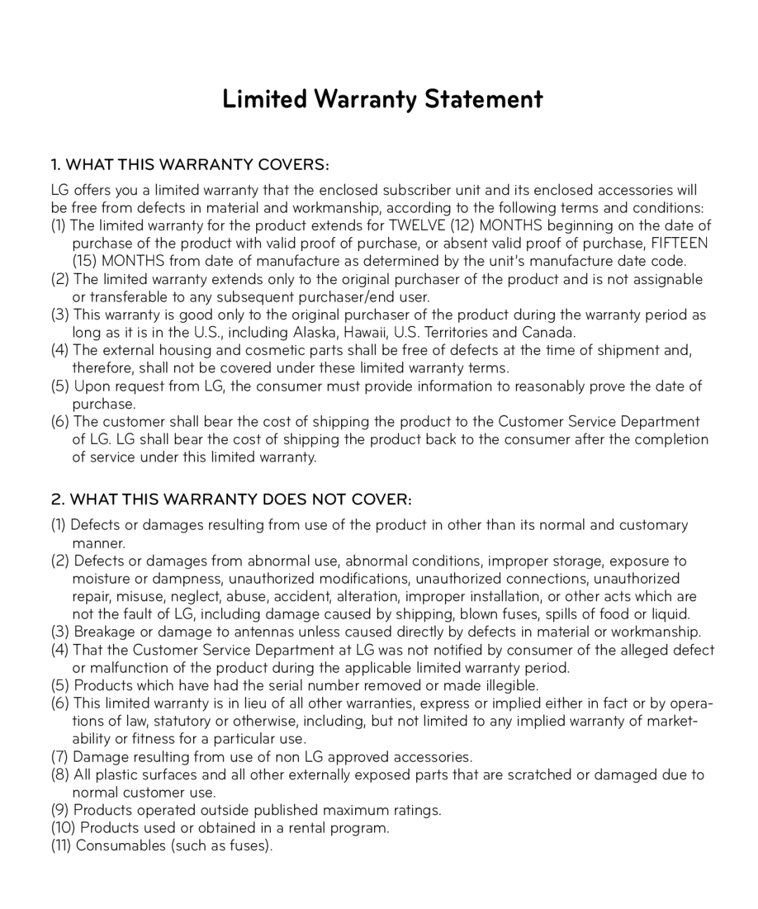 LG Electronics MFL68301001 (1.0) manual Limited Warranty Statement 