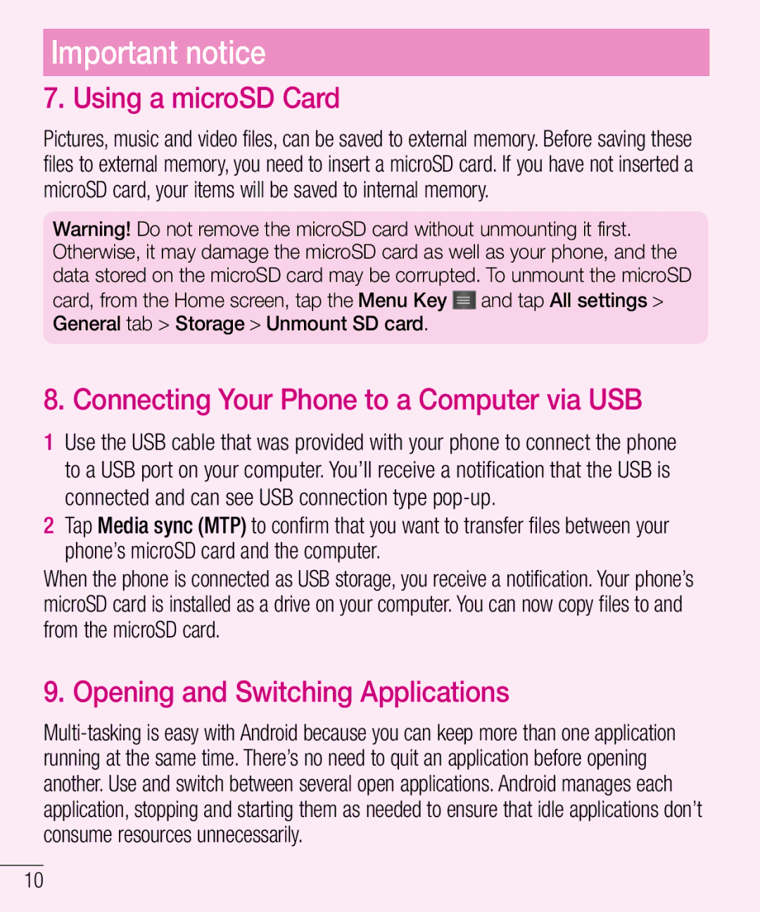 LG Electronics MFL68301001 (1.0) manual Using a microSD Card, Connecting Your Phone to a Computer via USB 