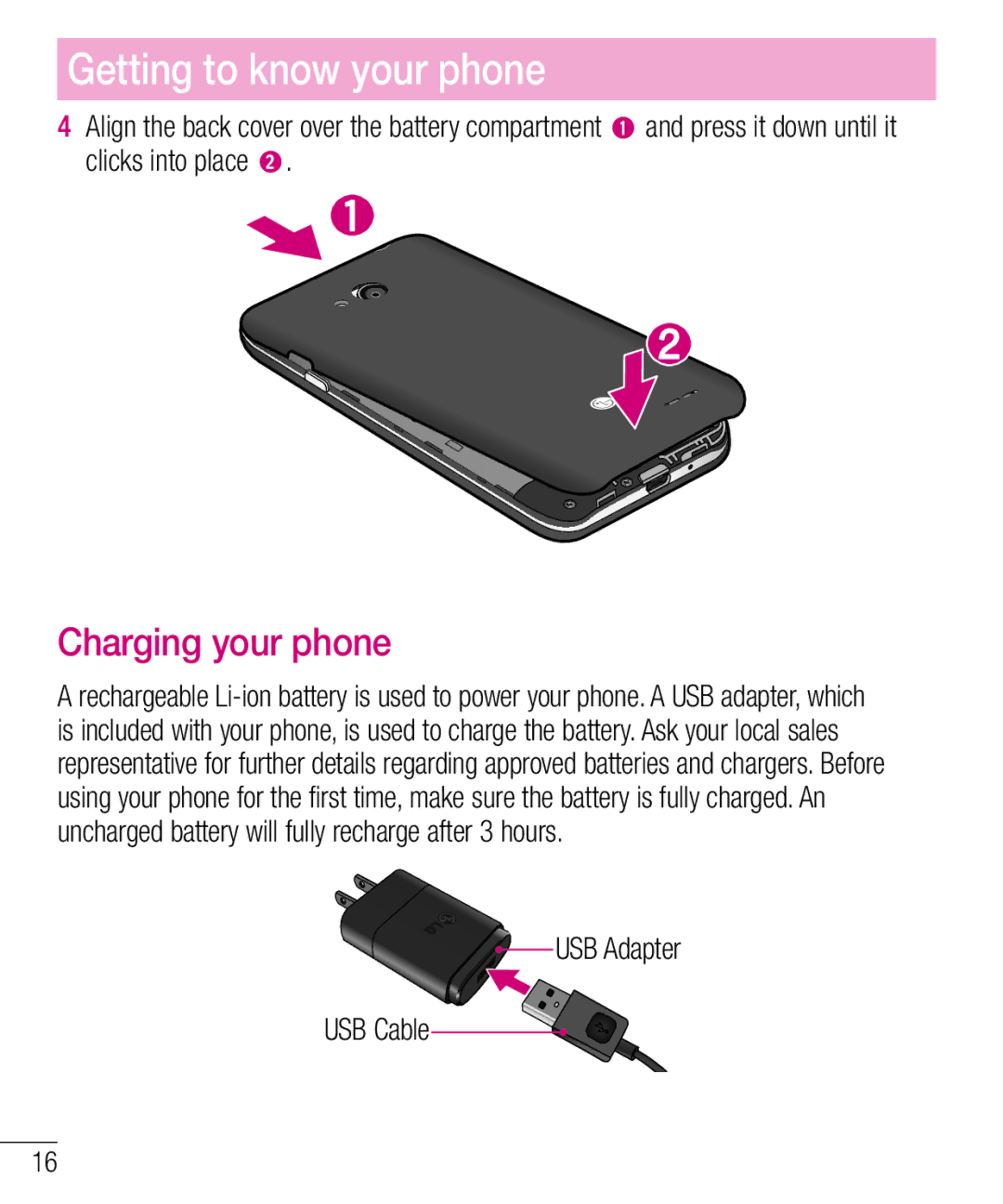 LG Electronics MFL68301001 (1.0) manual Charging your phone, USB Adapter USB Cable 