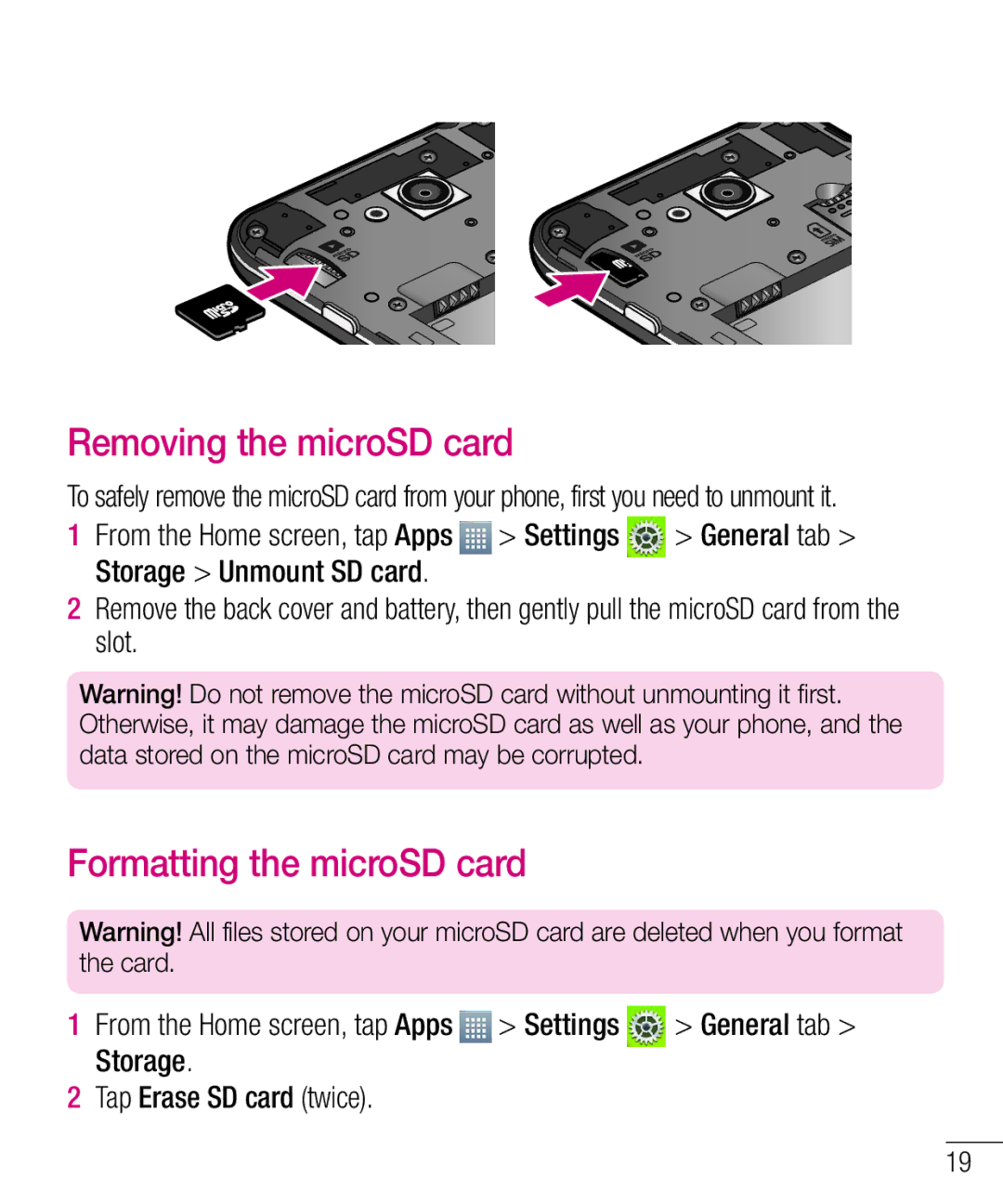 LG Electronics MFL68301001 (1.0) manual Removing the microSD card, Formatting the microSD card 