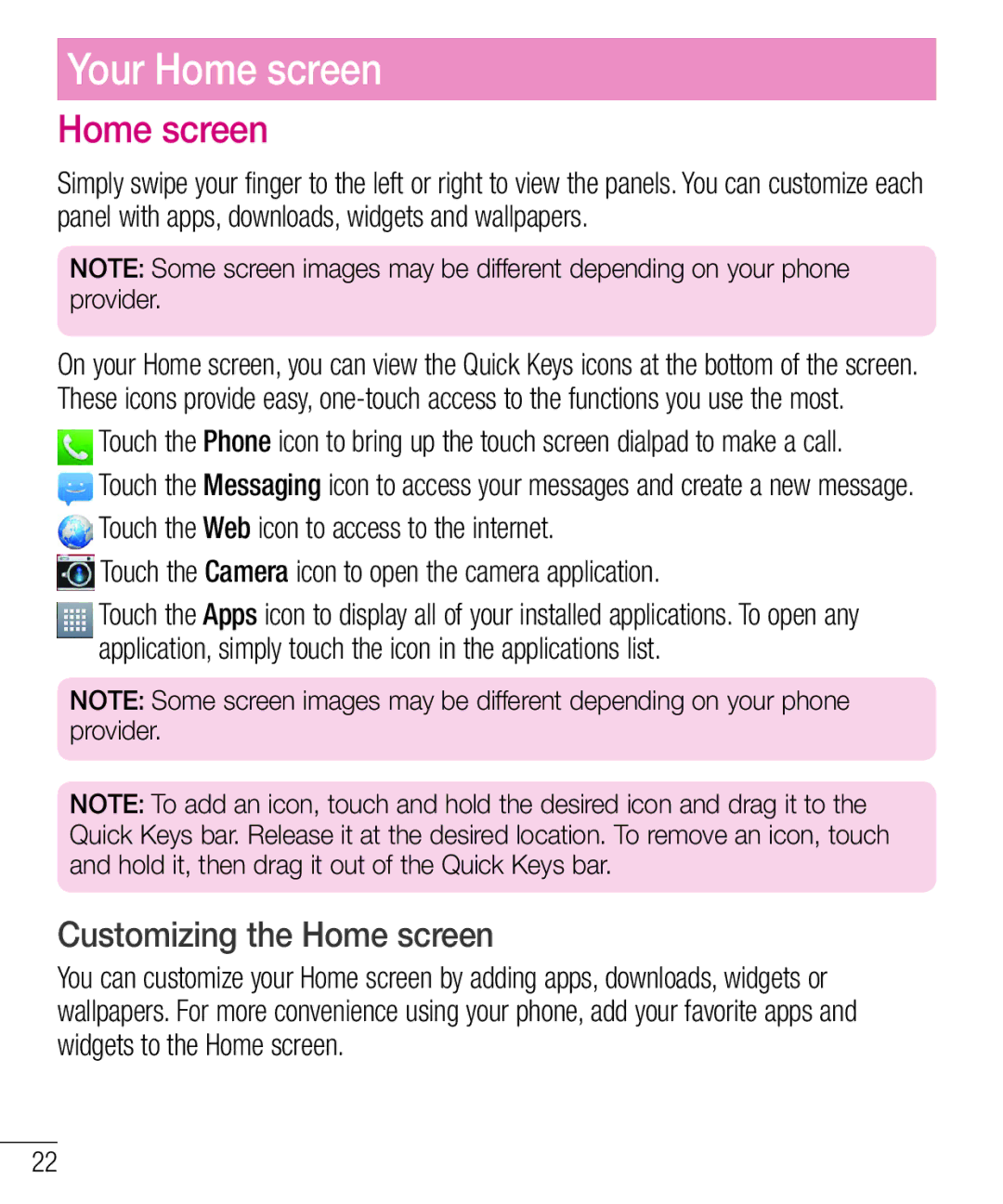 LG Electronics MFL68301001 (1.0) manual Customizing the Home screen 