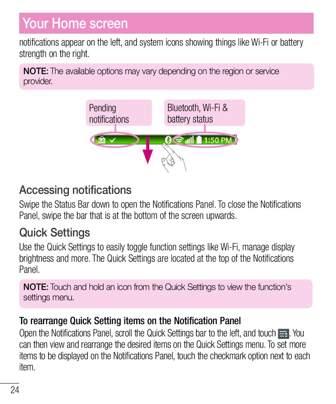 LG Electronics MFL68301001 (1.0) manual Accessing notifications, Quick Settings, Notifications 