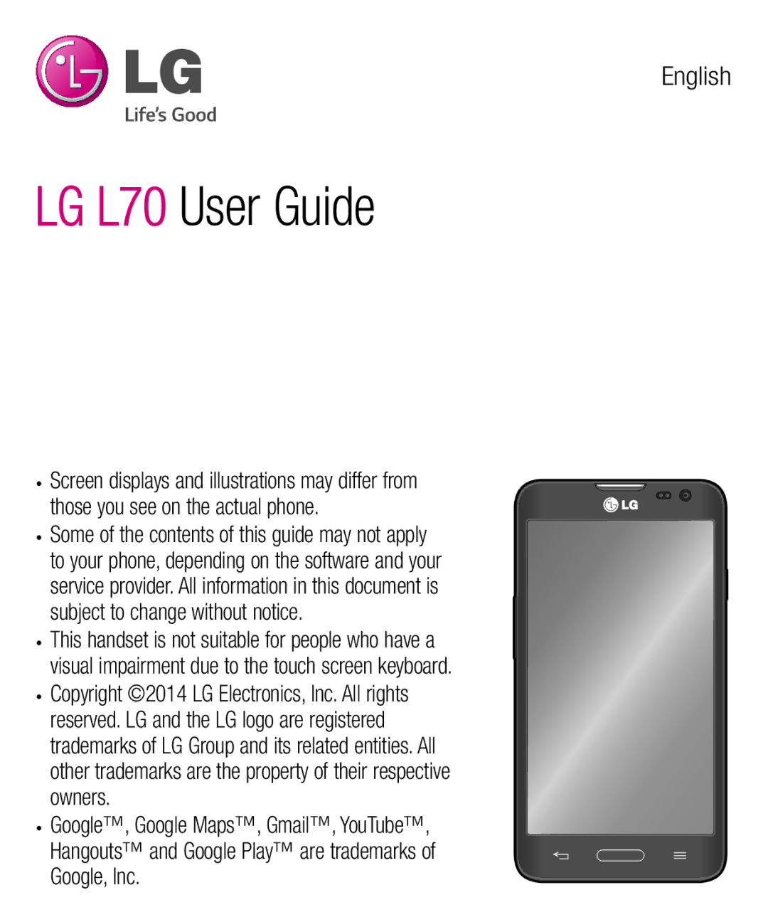 LG Electronics MFL68301001 (1.0) manual LG L70 User Guide 