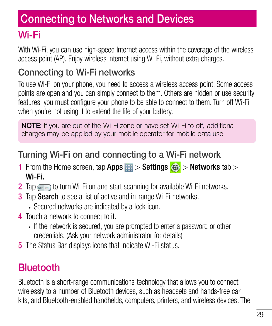 LG Electronics MFL68301001 (1.0) manual Connecting to Networks and Devices, Bluetooth, Connecting to Wi-Fi networks 