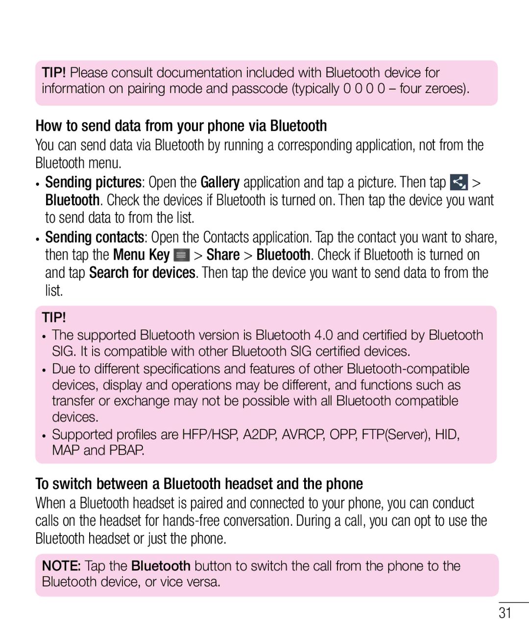 LG Electronics MFL68301001 (1.0) manual To switch between a Bluetooth headset and the phone 