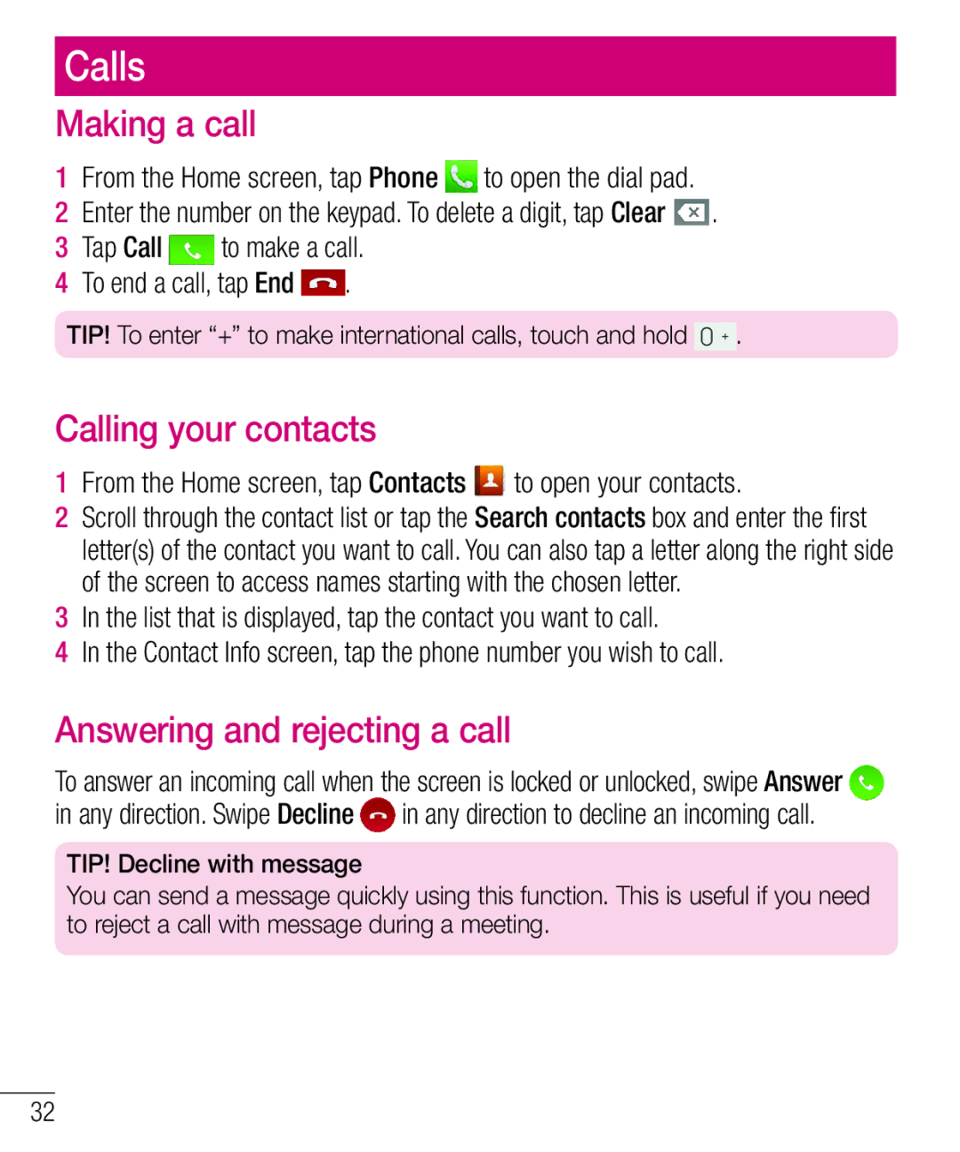 LG Electronics MFL68301001 (1.0) manual Calls, Making a call, Calling your contacts, Answering and rejecting a call 