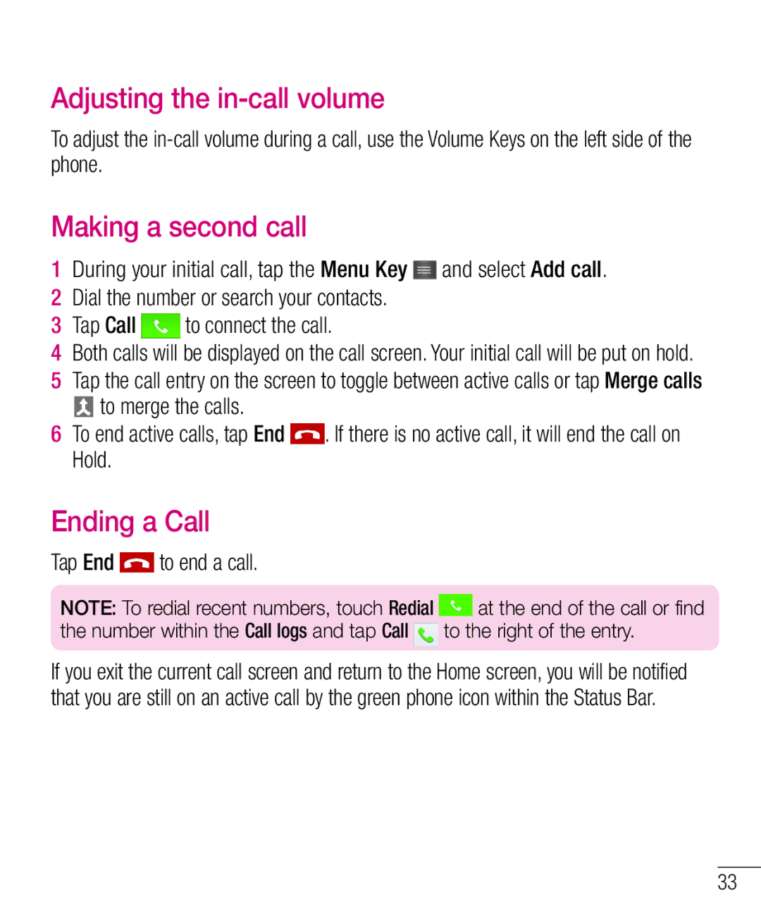 LG Electronics MFL68301001 (1.0) Adjusting the in-call volume, Making a second call, Ending a Call, Tap End to end a call 