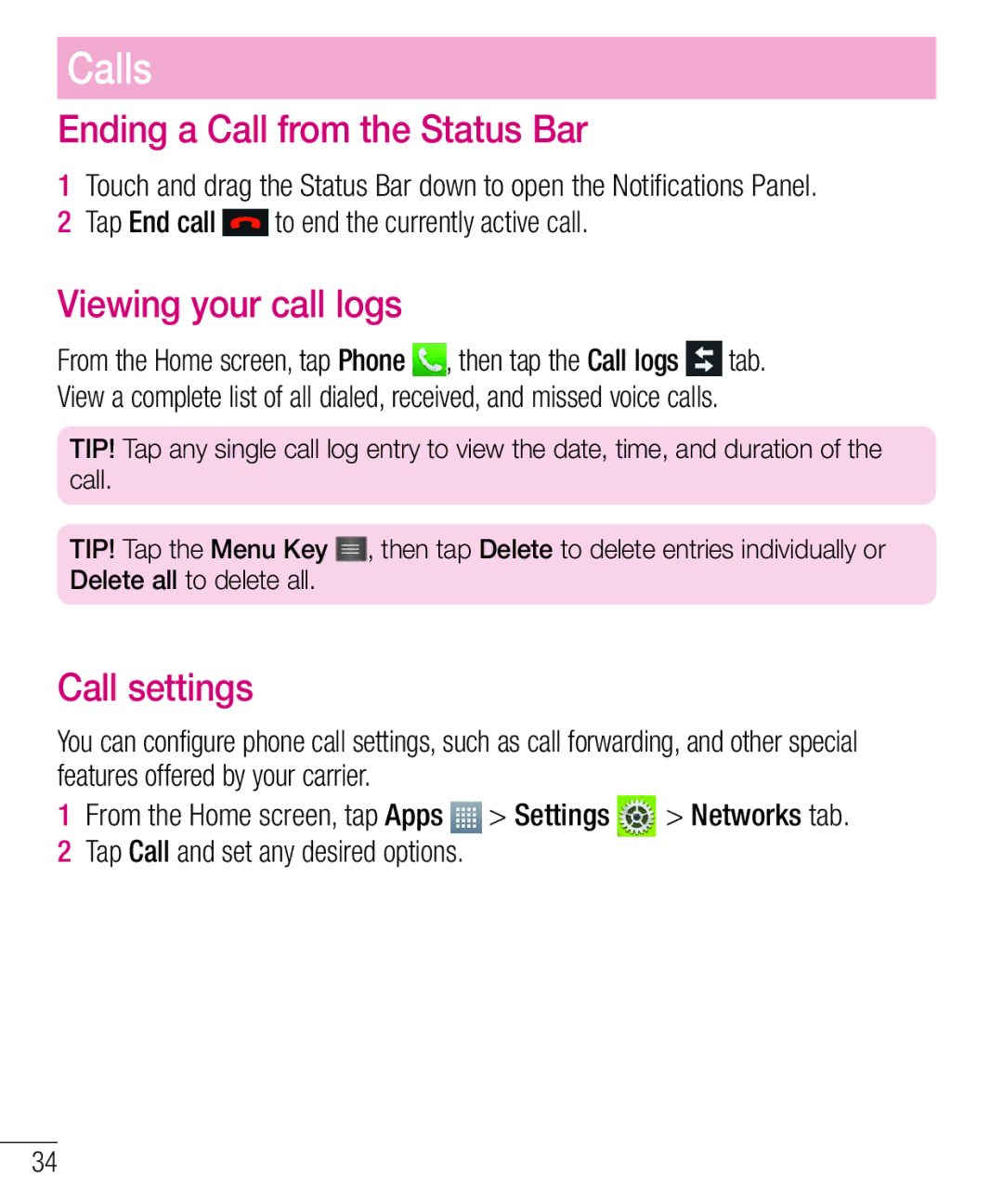 LG Electronics MFL68301001 (1.0) manual Ending a Call from the Status Bar, Viewing your call logs, Call settings 