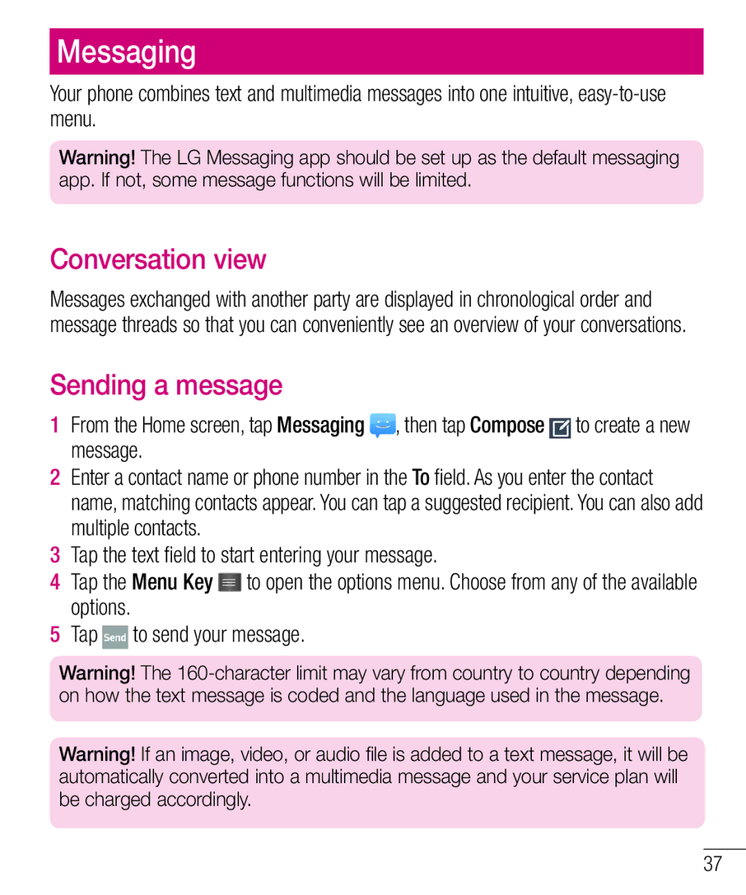 LG Electronics MFL68301001 (1.0) manual Messaging, Conversation view, Sending a message 