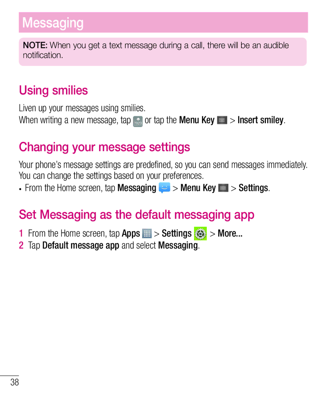 LG Electronics MFL68301001 (1.0) Using smilies, Changing your message settings, Set Messaging as the default messaging app 