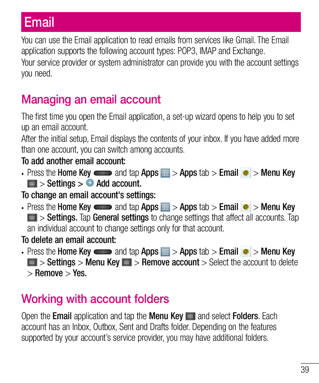 LG Electronics MFL68301001 (1.0) manual Managing an email account, Working with account folders, Remove Yes 